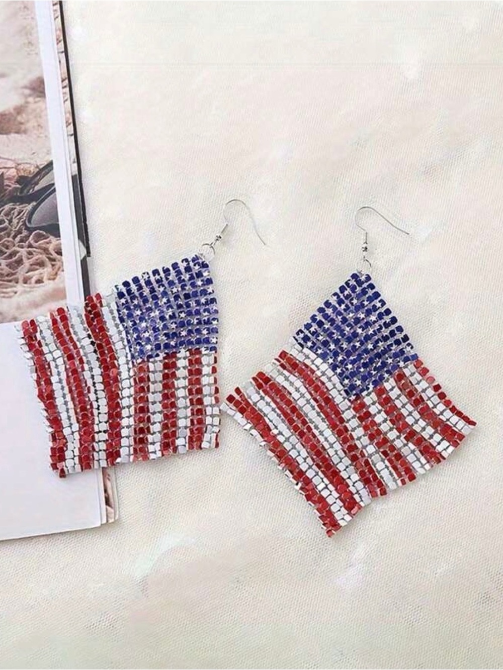 American Flag Sequin Dangle Earrings - Patriotic Red, White & Blue - Picture 5 of 6